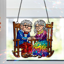 Load image into Gallery viewer, &quot;Love Knows No Age&quot; - Personalized Old Couple On the Porch Suncatcher - Custom Gift for Couples Ornament PopCulturePrints
