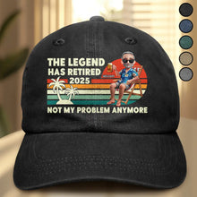 Load image into Gallery viewer, The Legend Has Retired 2025 - Personalized Vintage Washed Denim Cap for Dads and Grandpas Vintage Washed Denim Cap PopCulturePrints
