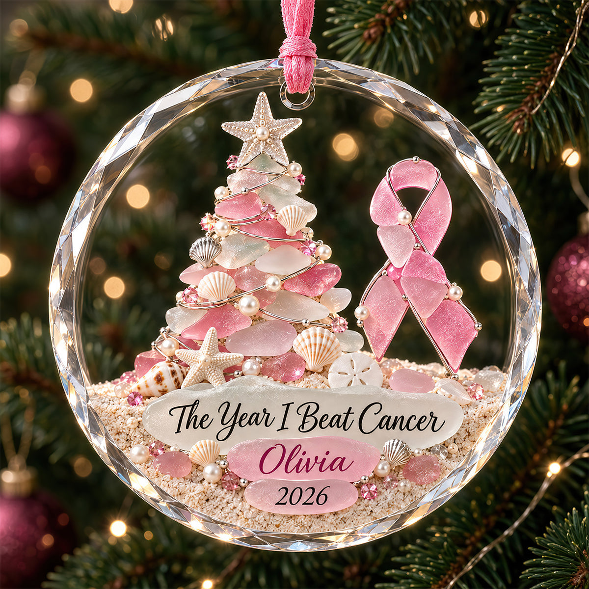"The Year I Beat Cancer" - Personalized Crystal Christmas Ornament - Gift for Cancer Survivors, Mothers, Daughters