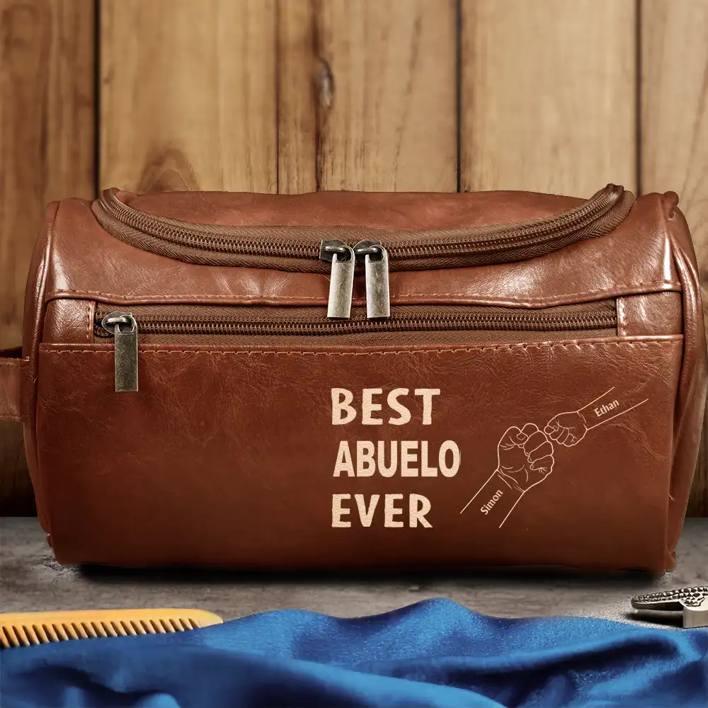 Best Dad Ever Fist Bump - Personalized Leather Toiletry Bag Leather Toiletry Bag PopCulturePrints