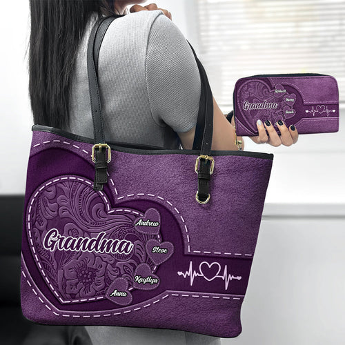 Grandma's Heart Filled with Love - Personalized Combo Leather Wallet and Bag for Mom & Grandma Combo Leather Wallet & Bag PopCulturePrints