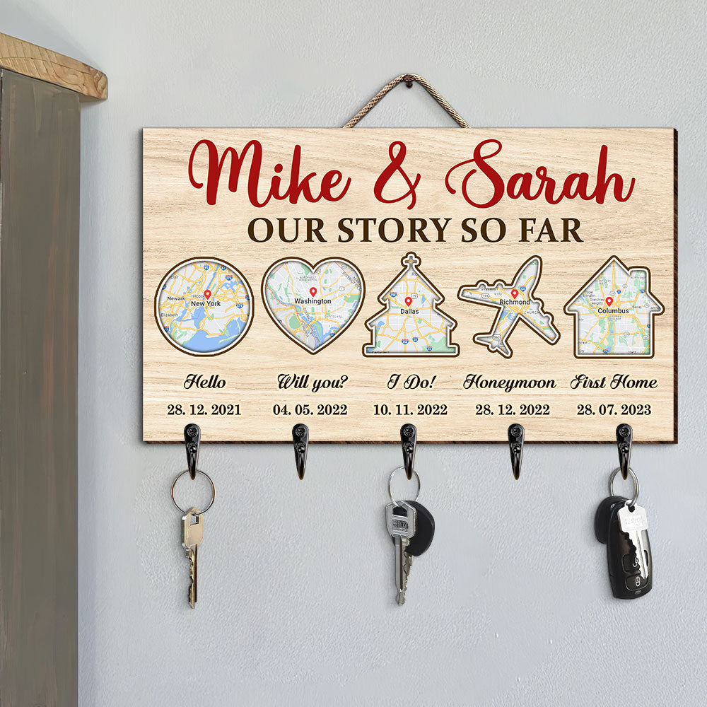 Custom Wooden Key Hanger for Couples - Our Story So Far Wood Sign PopCulturePrints