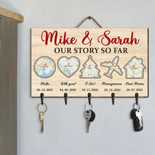 Load image into Gallery viewer, Custom Wooden Key Hanger for Couples - Our Story So Far Wood Sign PopCulturePrints
