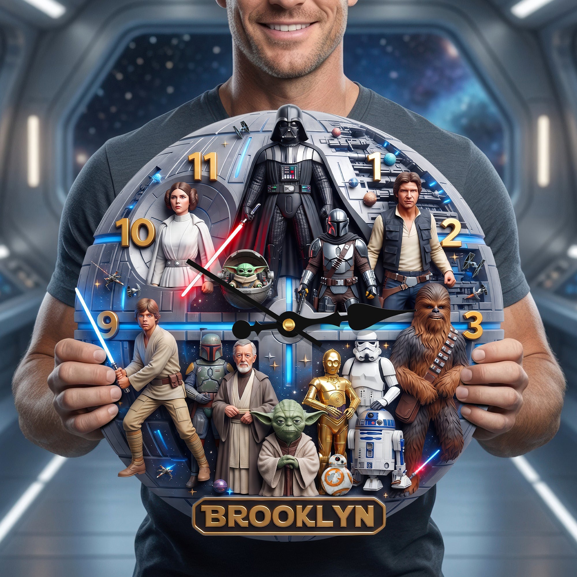 "Time to Adventure!" - Sci-Fi Universe Space Wall Clock - Personalized Gift for Star Wars Fans
