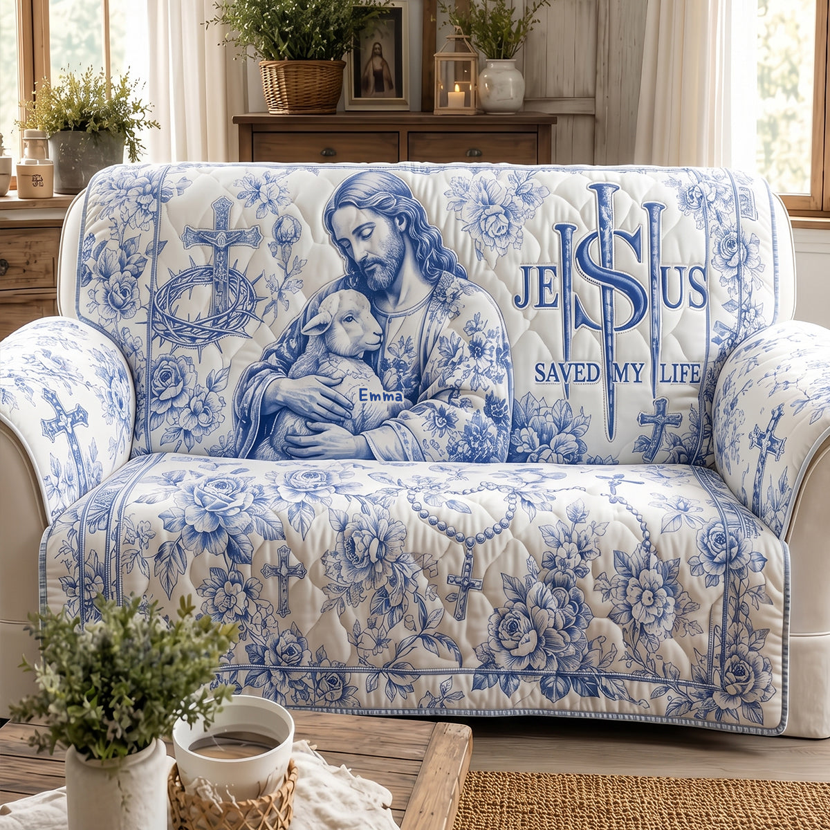 Jesus Christ Savior Toile De Jouy Quited Sofa Cover, Personalized Gifts For Christians 01qhdt290626 Sofa Cover PopCulturePrints