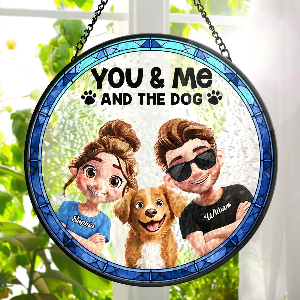 You & Me & The Dogs – A Personalized Stained Glass Window Hanging Suncatcher for Pet Lovers Suncatcher Ornament PopCulturePrints