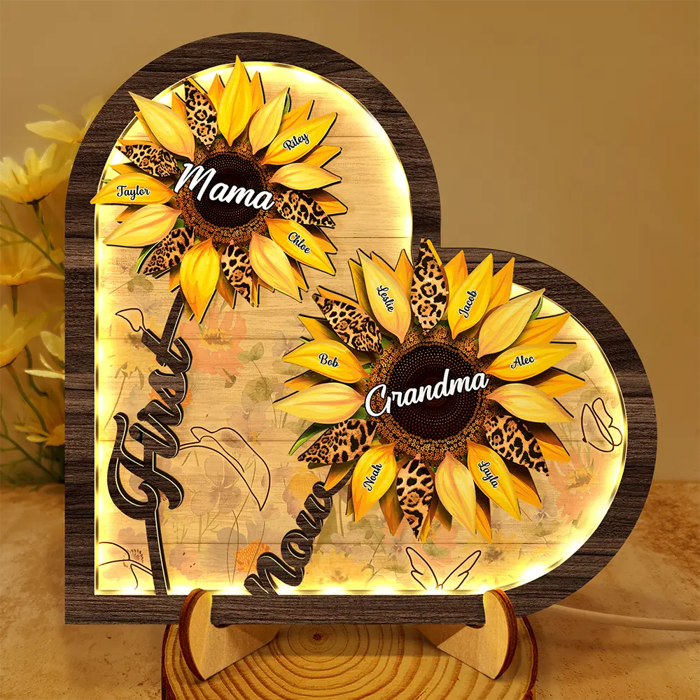 Sunflower First Mom Now Grandma - Personalized LED Light Wooden Plaque LED Light Wooden Plaque PopCulturePrints