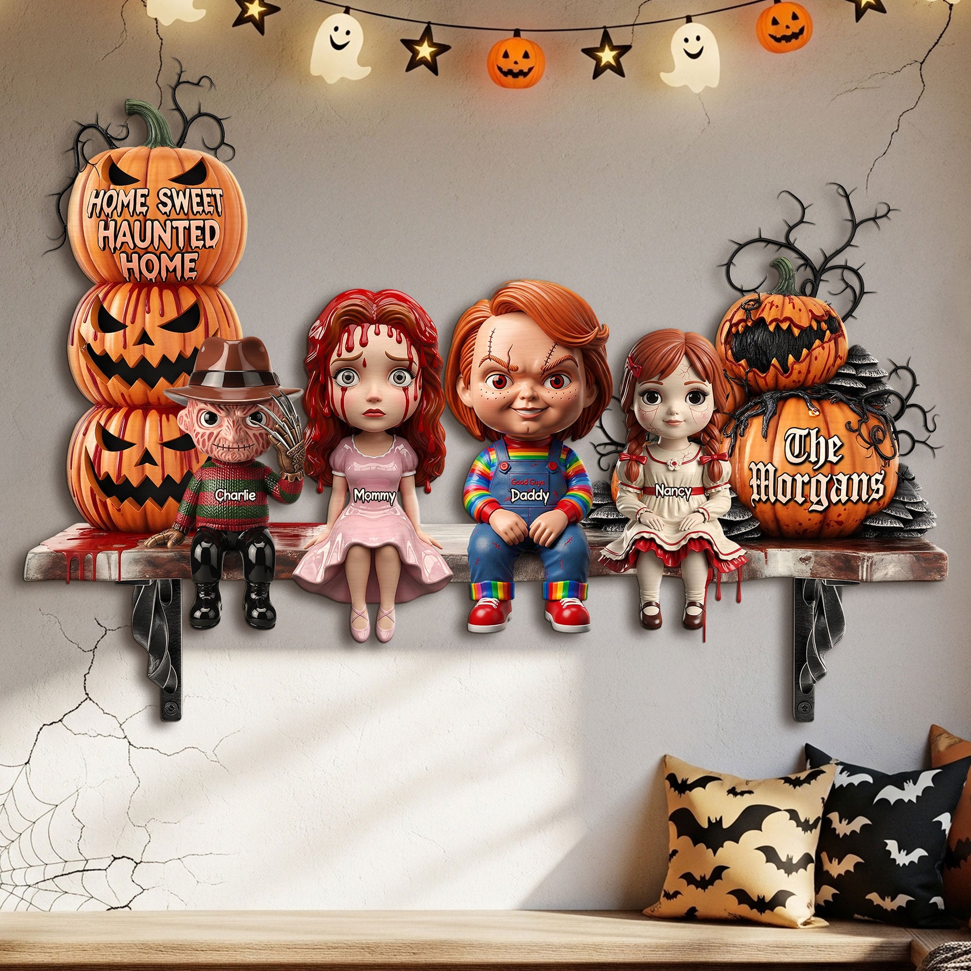 "Home Sweet Haunted Home" - Personalized Horror Family Wood Sign - Custom Gifts for Halloween Lovers Wood Sign PopCulturePrints