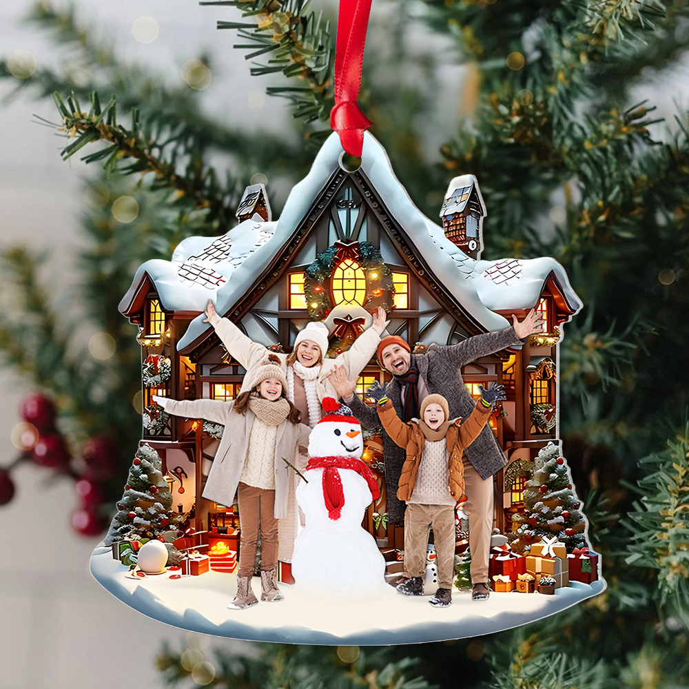 Personalized Family Photo Christmas Ornament - Cozy Winter Lodge Ornament PopCulturePrints