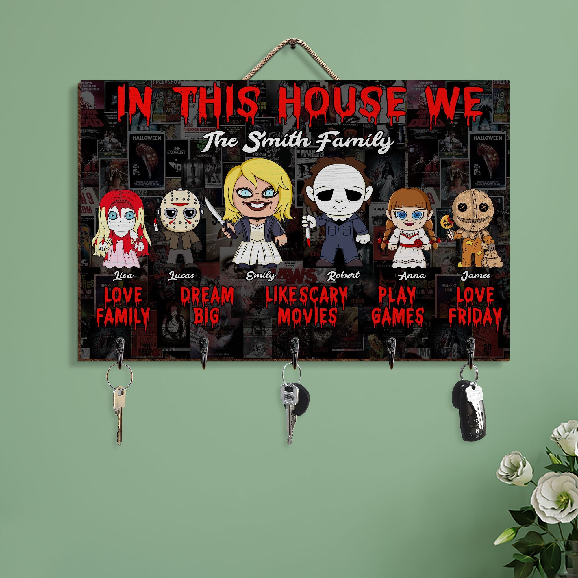 Customized Horror Family Key Hanger - Scary Movie Lovers Wood Sign PopCulturePrints