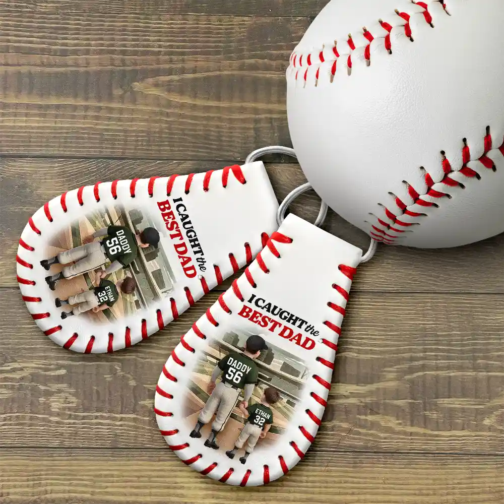 I Caught the Best Dad - Personalized Leather Baseball Keychain for the Best Dads, Grandpas & More Leather Baseball Keychain PopCulturePrints