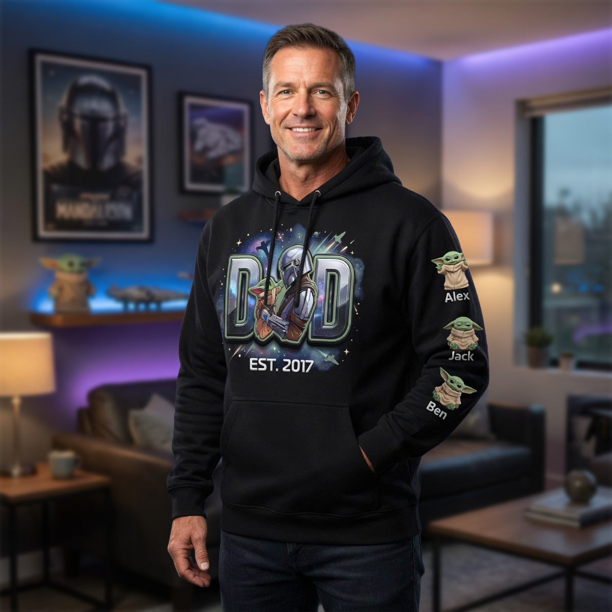 “For the Best Dad in the Galaxy” - Space Protector Dad Shirt - Personalized Gift for Fathers, Grandpas, and Dads AOP Products PopCulturePrints