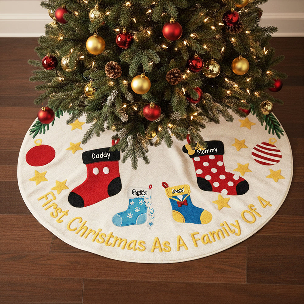Celebrate Your First Christmas as a Family of 4 - Personalized Holiday Stocking Quilted Tree Skirt Tree Skirt PopCulturePrints