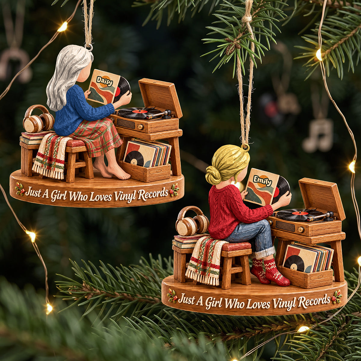 Vinyl Record Girl Wood Effect Ornament, Personalized Gifts For Vinyl Records Lovers 02qhta141026 Ornament PopCulturePrints
