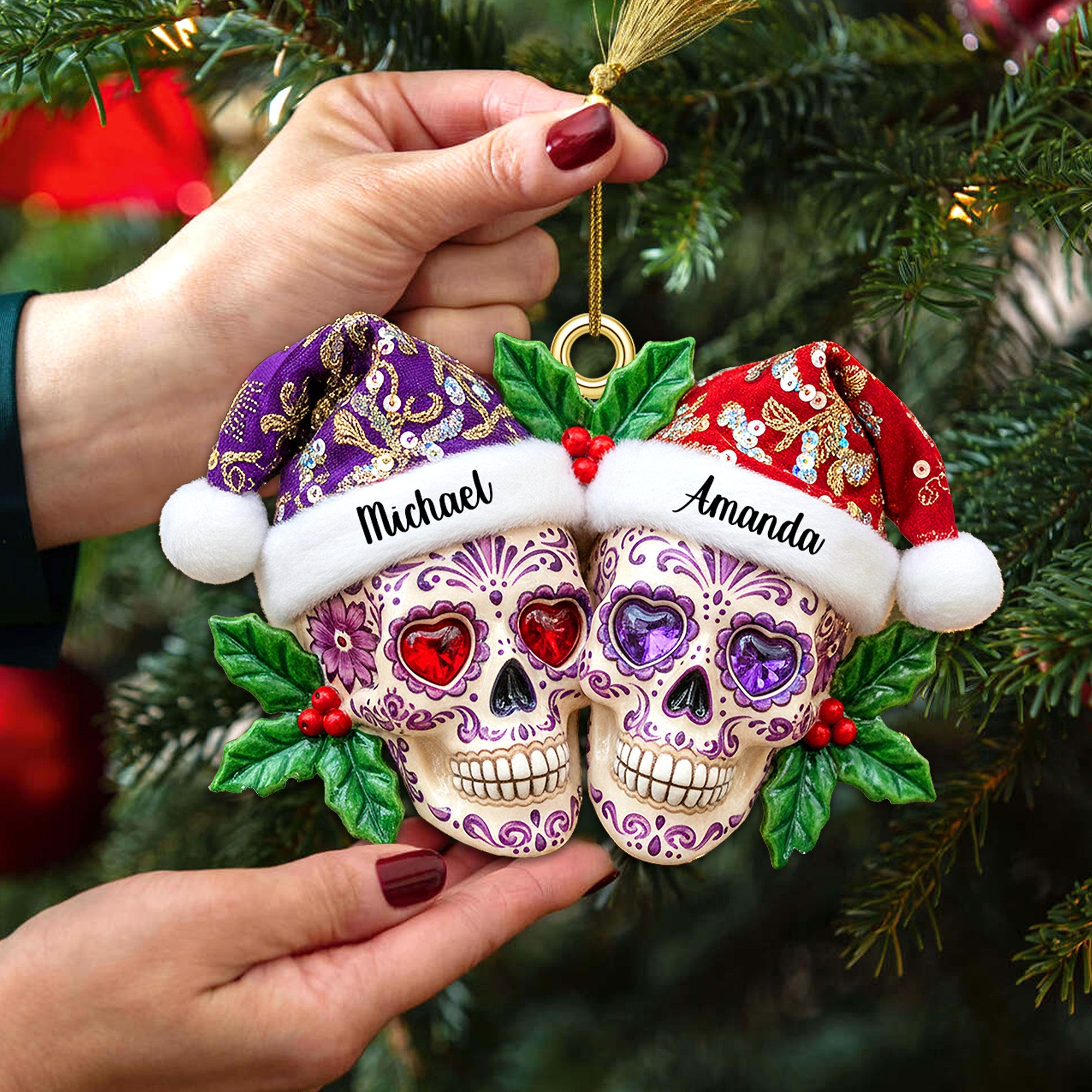 Celebrate Love & Life - Personalized Dia de Los Muertos Christmas Skull Couple Acrylic Ornament Ornament PopCulturePrints