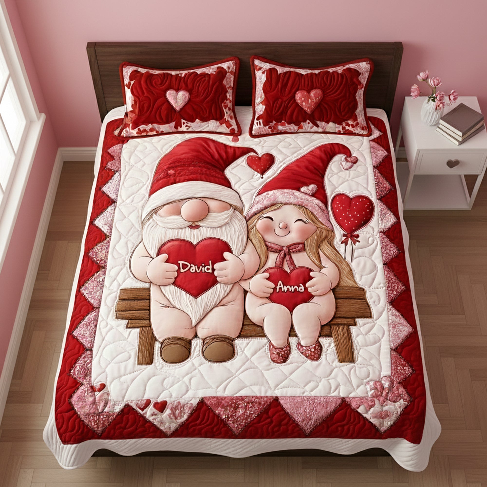 “Love Knows No Bounds” - Sweet Gnome Couple Quilt Bed Set - Personalized Gift for Couples Blanket PopCulturePrints