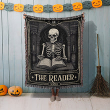 Load image into Gallery viewer, Personalized Reader&#39;s Skeleton Woven Blanket - Halloween Gift for Book Lovers
