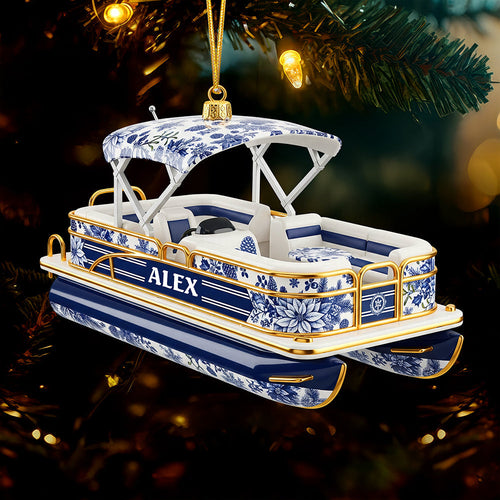 Sail into the Holidays - Personalized Toile de Jouy Christmas Ornament for Pontoon Lovers Ornament PopCulturePrints