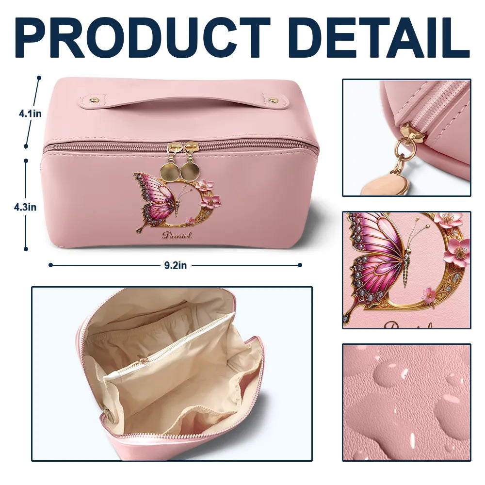 Embrace Elegance: Flower Butterfly Monogram - Personalized Leather Makeup Bag Leather Makeup Bag PopCulturePrints