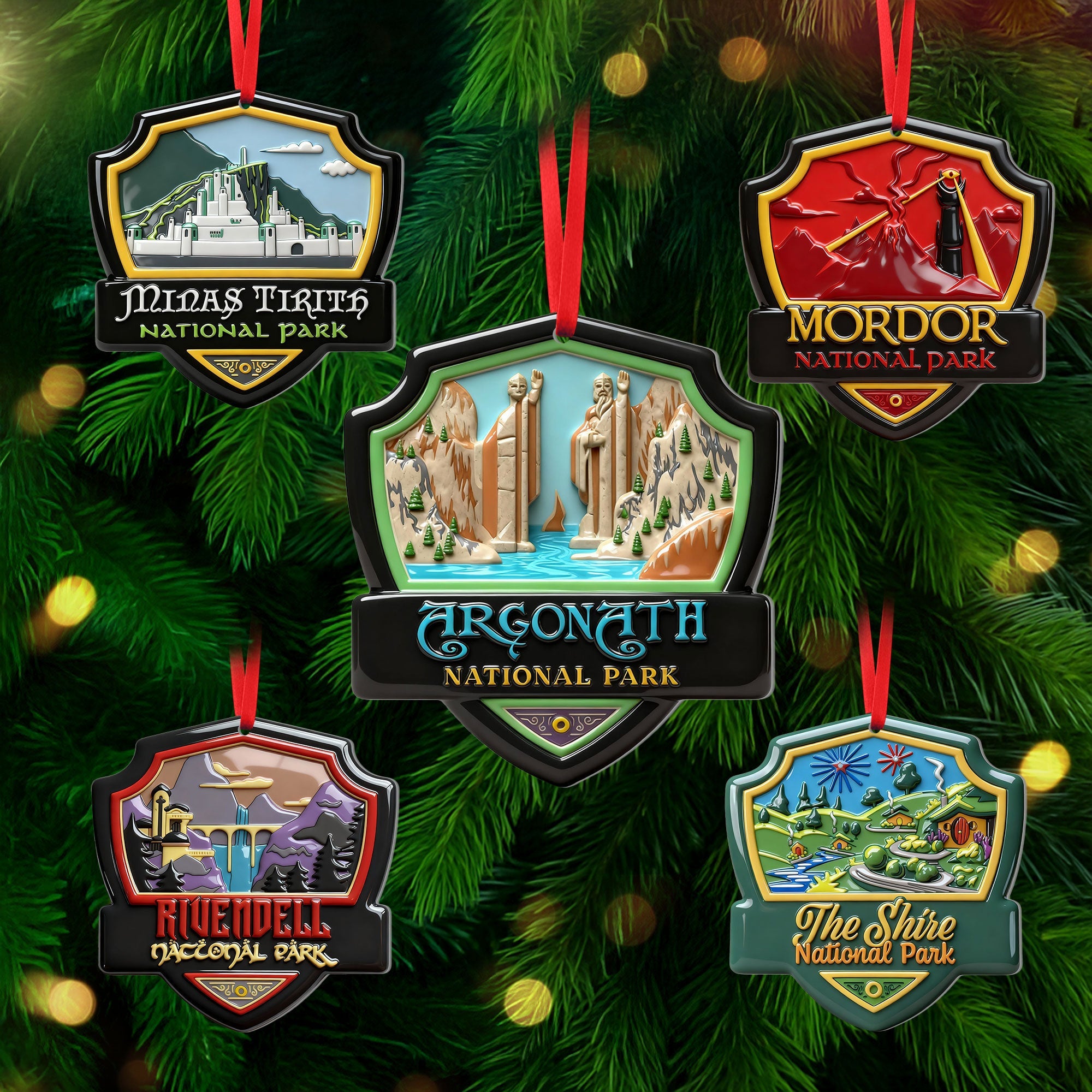 “Explore the Magic of Your Favorite Fantasy World” - Fantasy Location Shield Ornament, Customizable Gift for Movie Fans Ornament PopCulturePrints