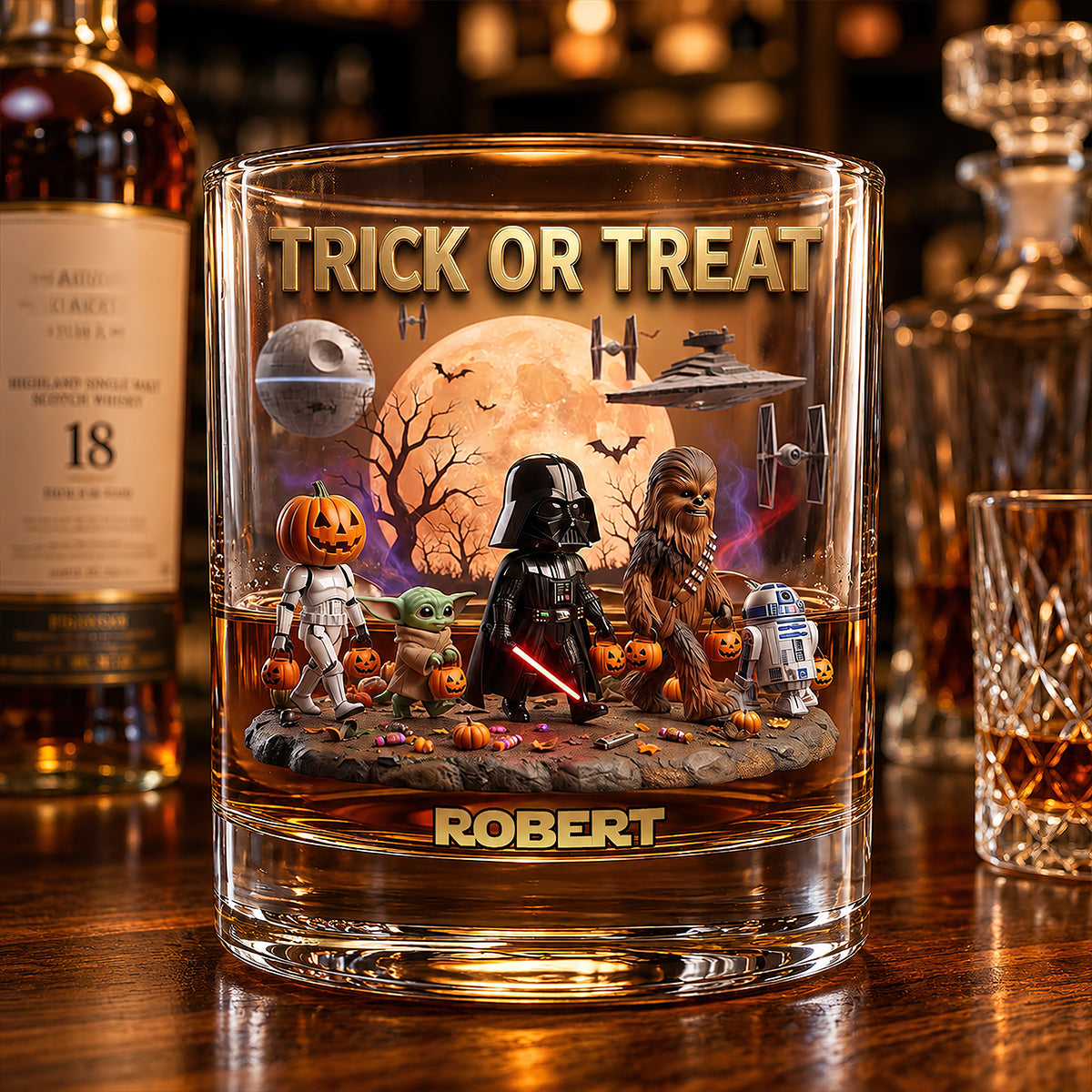 "Trick or Treat" – Cosmic Halloween Round Glass - Personalized Gift for Every Star Wars Fan Glass PopCulturePrints