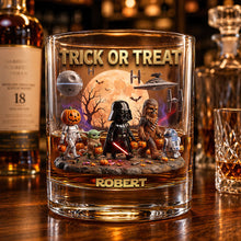 Load image into Gallery viewer, "Trick or Treat" – Cosmic Halloween Round Glass - Personalized Gift for Every Star Wars Fan Glass PopCulturePrints
