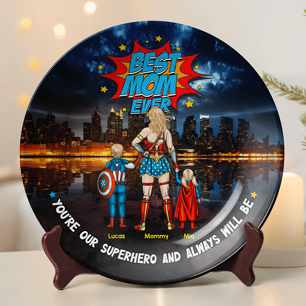 "Best Mom Ever" - Personalized Ceramic Round Plate - Perfect Gift for Mom, Grandma and Superheroes Ceramic Round Plate PopCulturePrints
