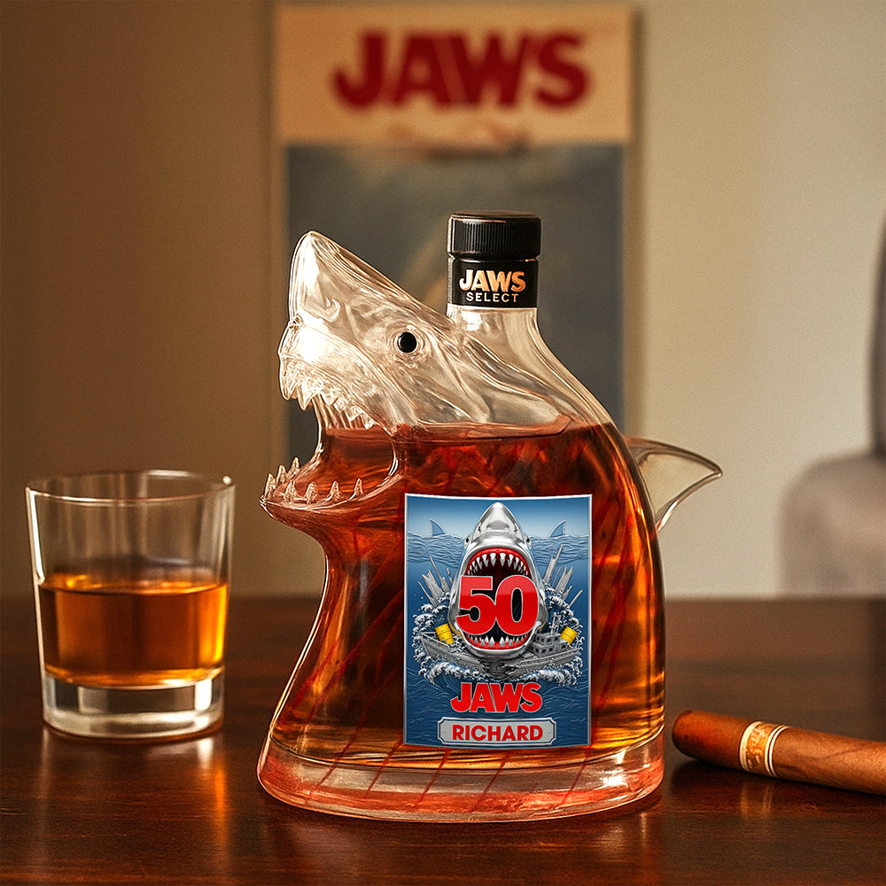 “Make a Splash with Every Sip!” – Ocean Thriller Glass Bottle, Personalized Gift for Movie Lovers Whiskey Bottle PopCulturePrints