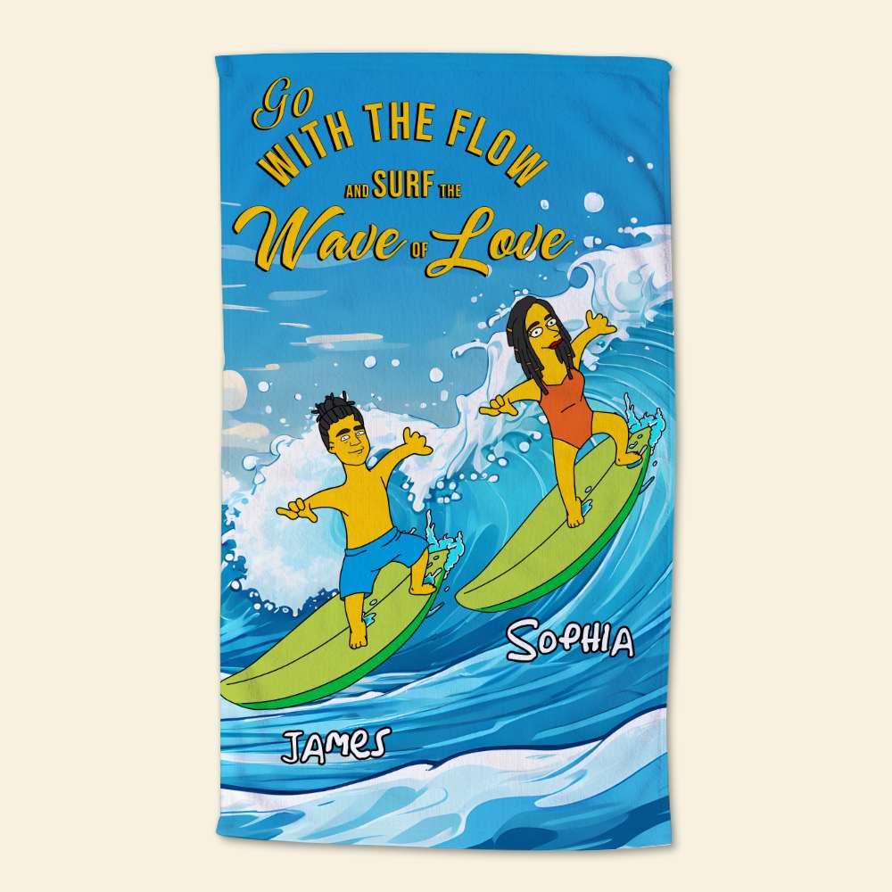 Personalized Surfing Couple Beach Towel Beach Towel PopCulturePrints