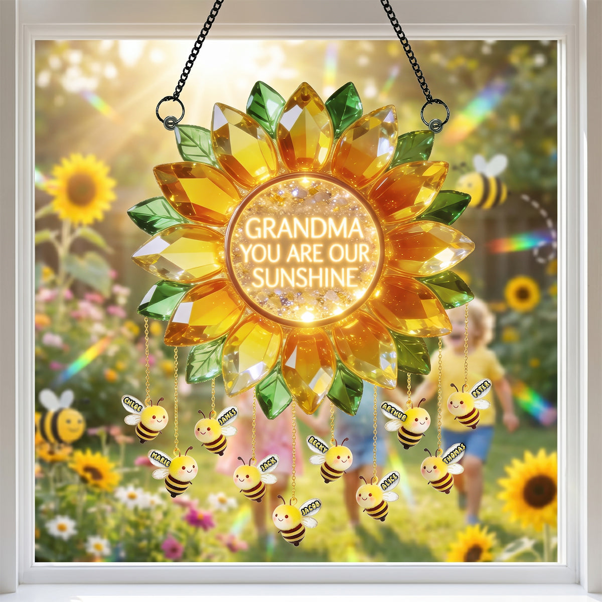 Mom, You Are Our Sunshine - Custom Sunflower Bee Suncatcher - Perfect Gift for Mom and Grandma Ornament PopCulturePrints