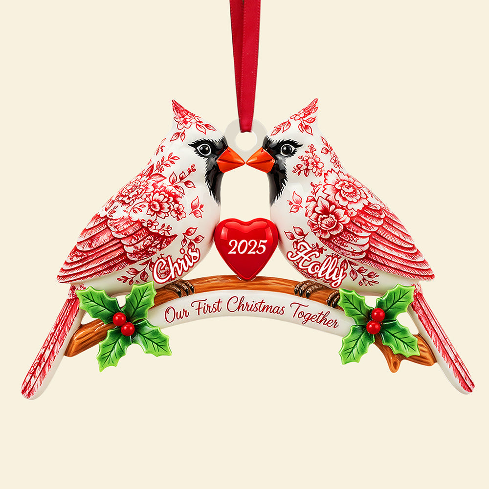 “Celebrate Your Love” - Couple Cardinal Toile de Jouy Ornament - Custom Personalized Gifts for Couples, Newlyweds & Families Ornament PopCulturePrints