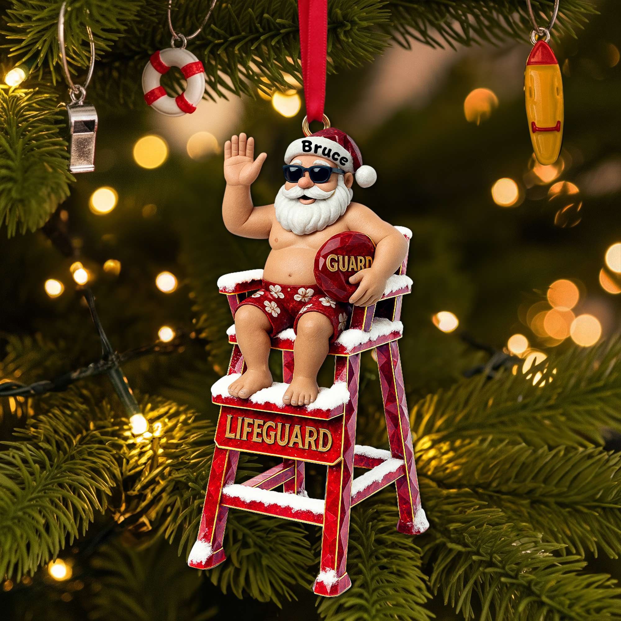 Ho Ho Ho! Celebrate Christmas with a Fun Beach Lifeguard Santa Ornament - Personalized Gift for Lifeguards and Beach Lovers Ornament PopCulturePrints