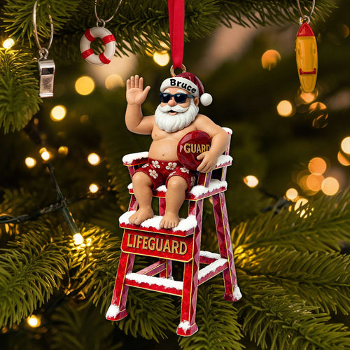 Ho Ho Ho! Celebrate Christmas with a Fun Beach Lifeguard Santa Ornament - Personalized Gift for Lifeguards and Beach Lovers Ornament PopCulturePrints