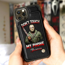 Load image into Gallery viewer, “Don’t Touch My Phone, William” - Customizable Scary Movie Characters Leather Wallet Case - Perfect Gift for Horror Movie Fans Phone Case PopCulturePrints
