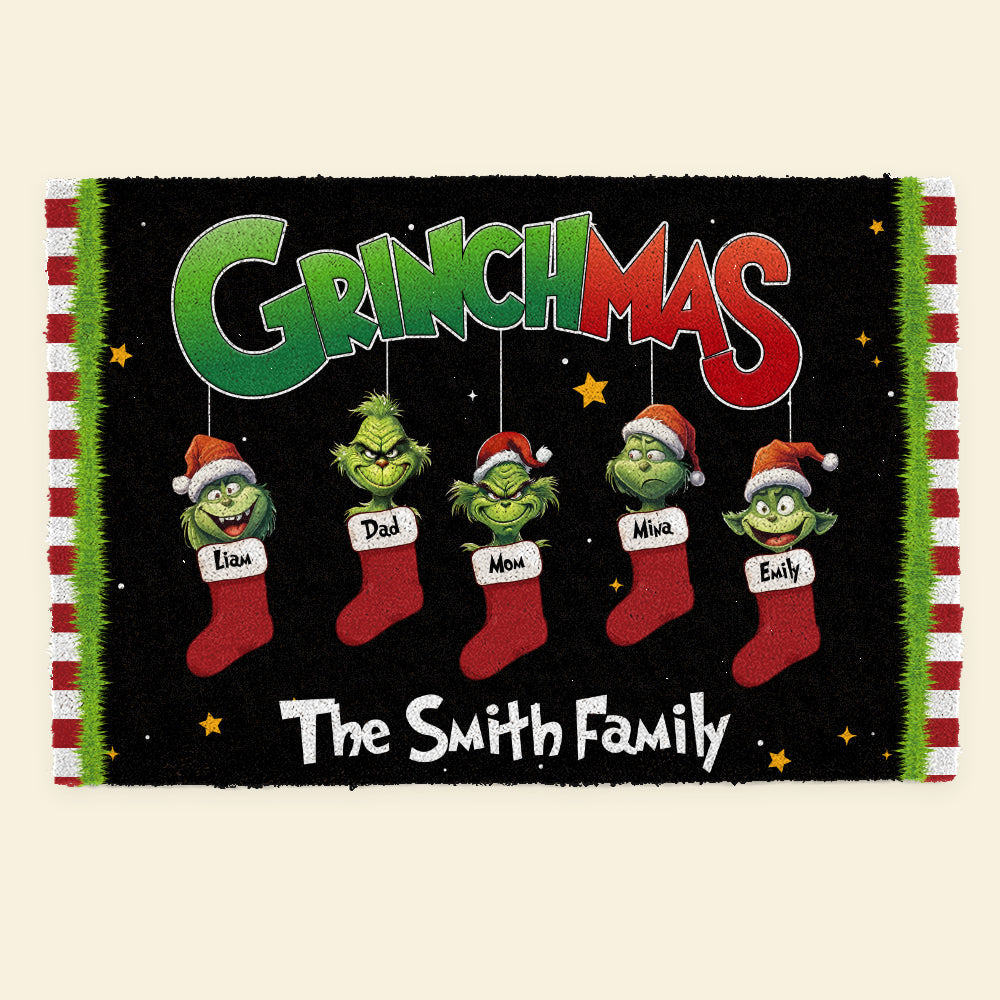 Personalized Grinch-Themed Christmas Family Door Mat Doormat PopCulturePrints