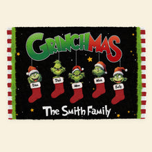 Load image into Gallery viewer, Personalized Grinch-Themed Christmas Family Door Mat Doormat PopCulturePrints
