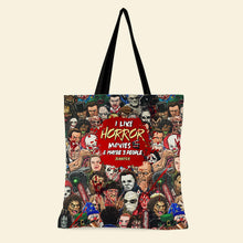 Load image into Gallery viewer, “I Like Horror Movies &amp; Maybe 3 People” - Personalized Horror Characters Tote Bag for Movie Fans Tote Bags PopCulturePrints
