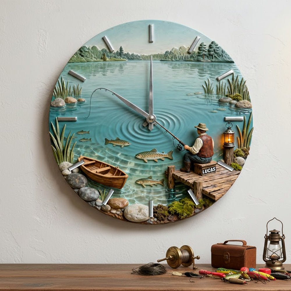 Time to Catch Moments: Personalized Fishing Lovers Acrylic Wall Clock Hanging Wall Clock PopCulturePrints