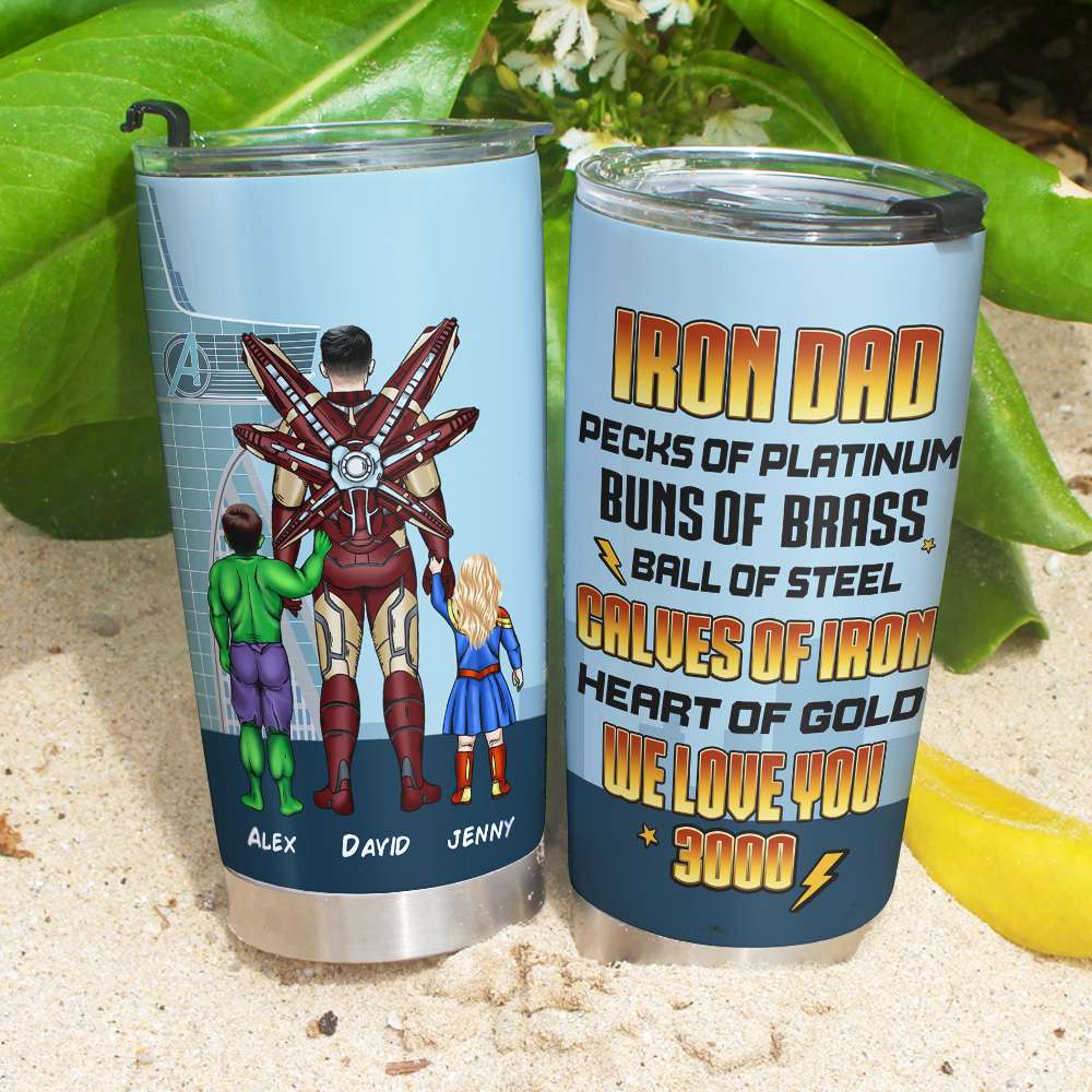 Iron Dad Personalized Tumbler with Superhero Kids - We Love You 3000