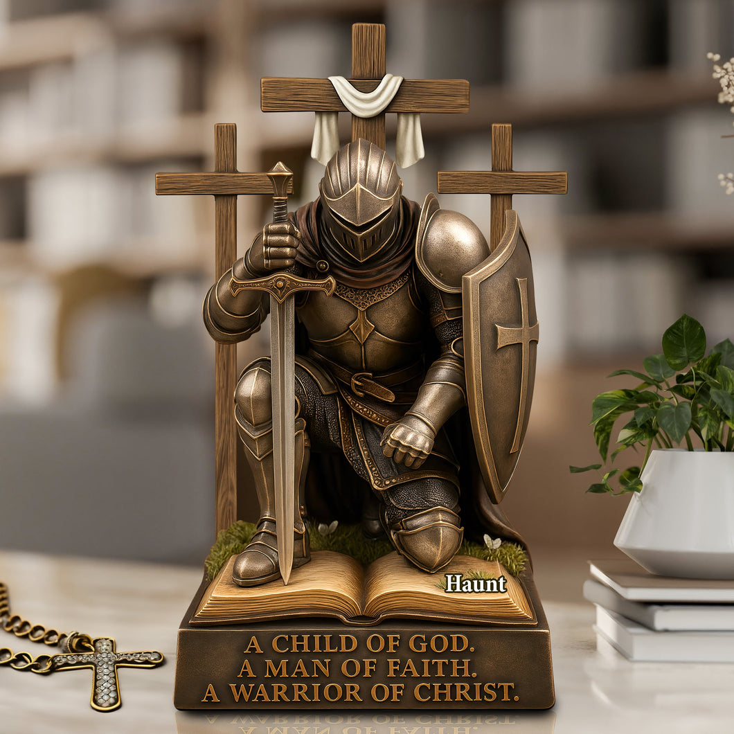 A Child of God, A Man of Faith - Knight Kneeling Down in Armor Acrylic Plaque | Personalized Gift for Warriors of Christ Shaped Plaques PopCulturePrints