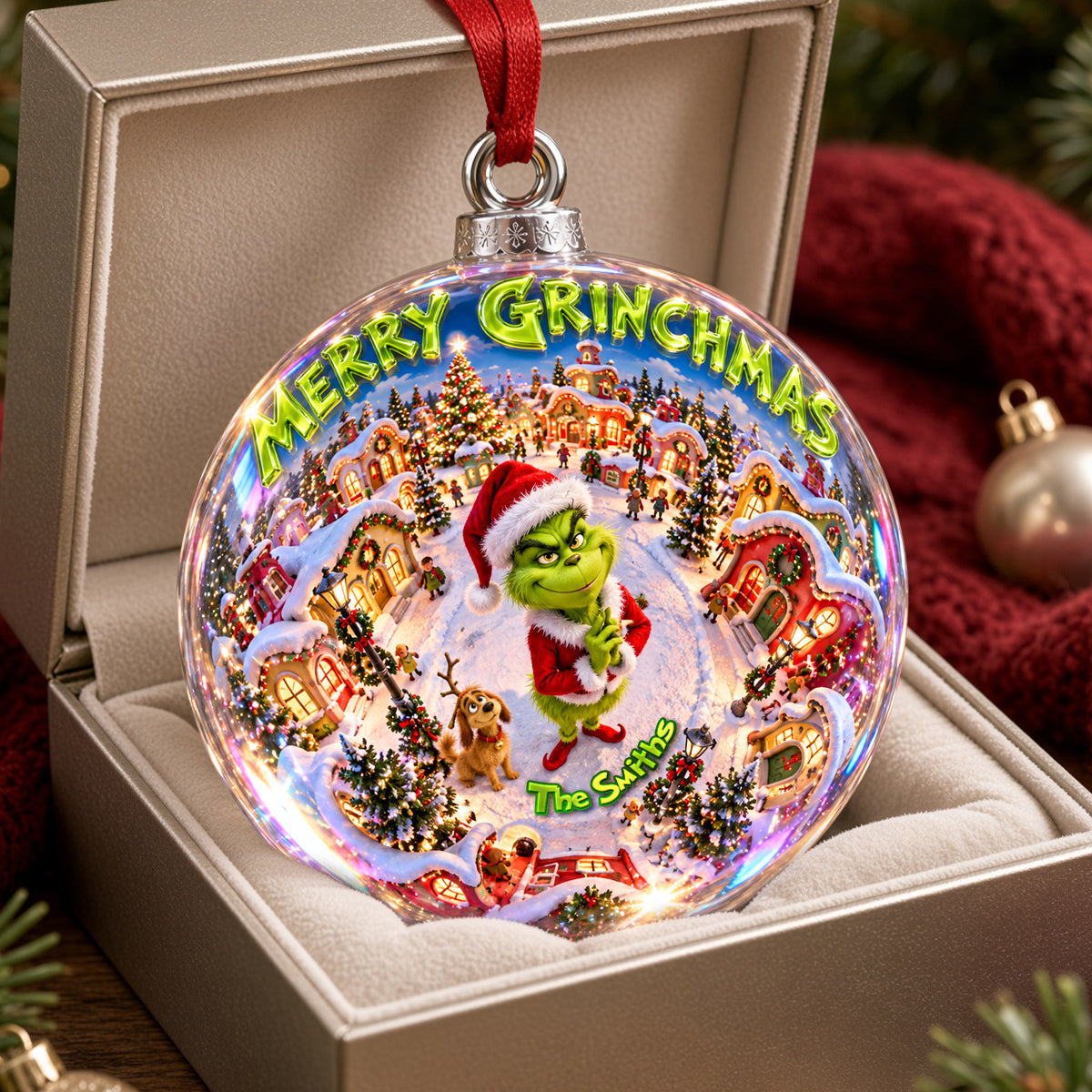 “A Grinchy Twist on Tradition” - Tiny Christmas Town Ornament, Personalized Gift for Family & Friends