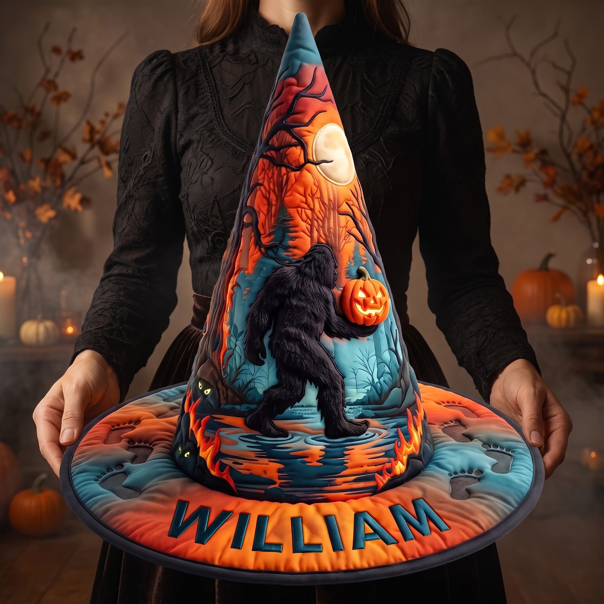 “Embrace the Spookiness: Squatching Through Halloween Witch Hat” - Personalized Gift for Bigfoot Lovers Quilted Witch Hat PopCulturePrints