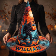 Load image into Gallery viewer, “Embrace the Spookiness: Squatching Through Halloween Witch Hat” - Personalized Gift for Bigfoot Lovers Quilted Witch Hat PopCulturePrints
