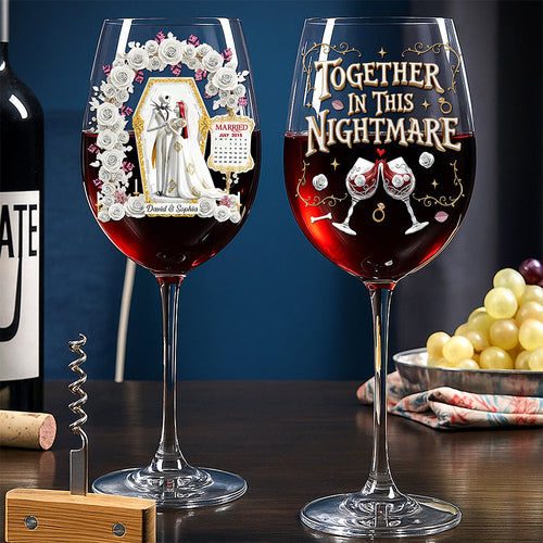 Together in This Nightmare - Gothic Wedding Wine Glass - Personalized Gifts for Couples Wine Glass PopCulturePrints