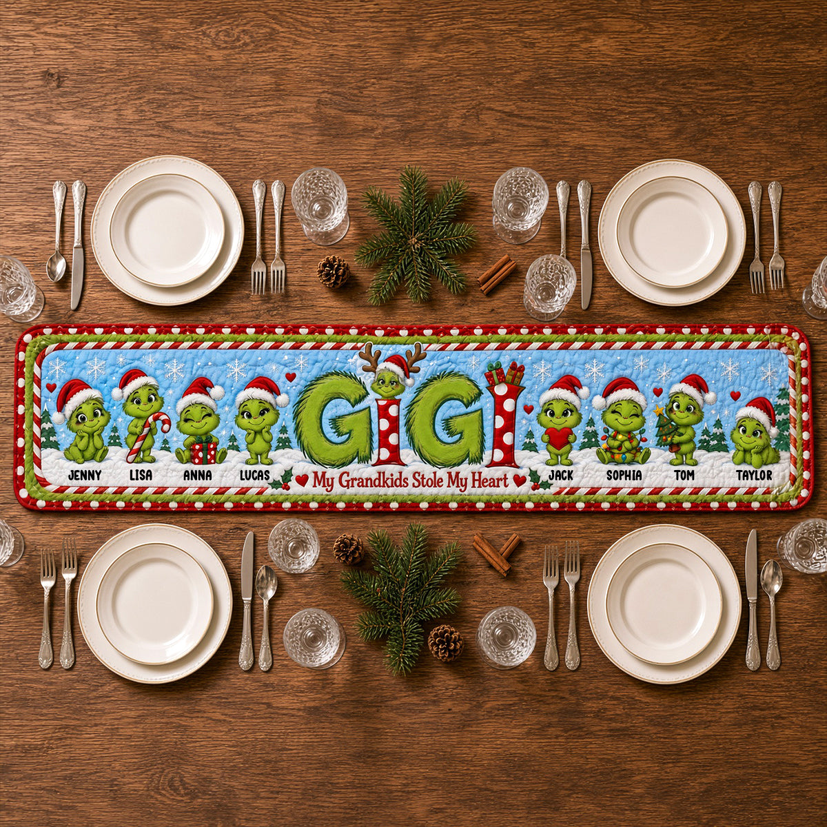 My Grandkids Stole My Heart - Personalized Christmas Table Runner for Grandma Quilted Table Runner PopCulturePrints