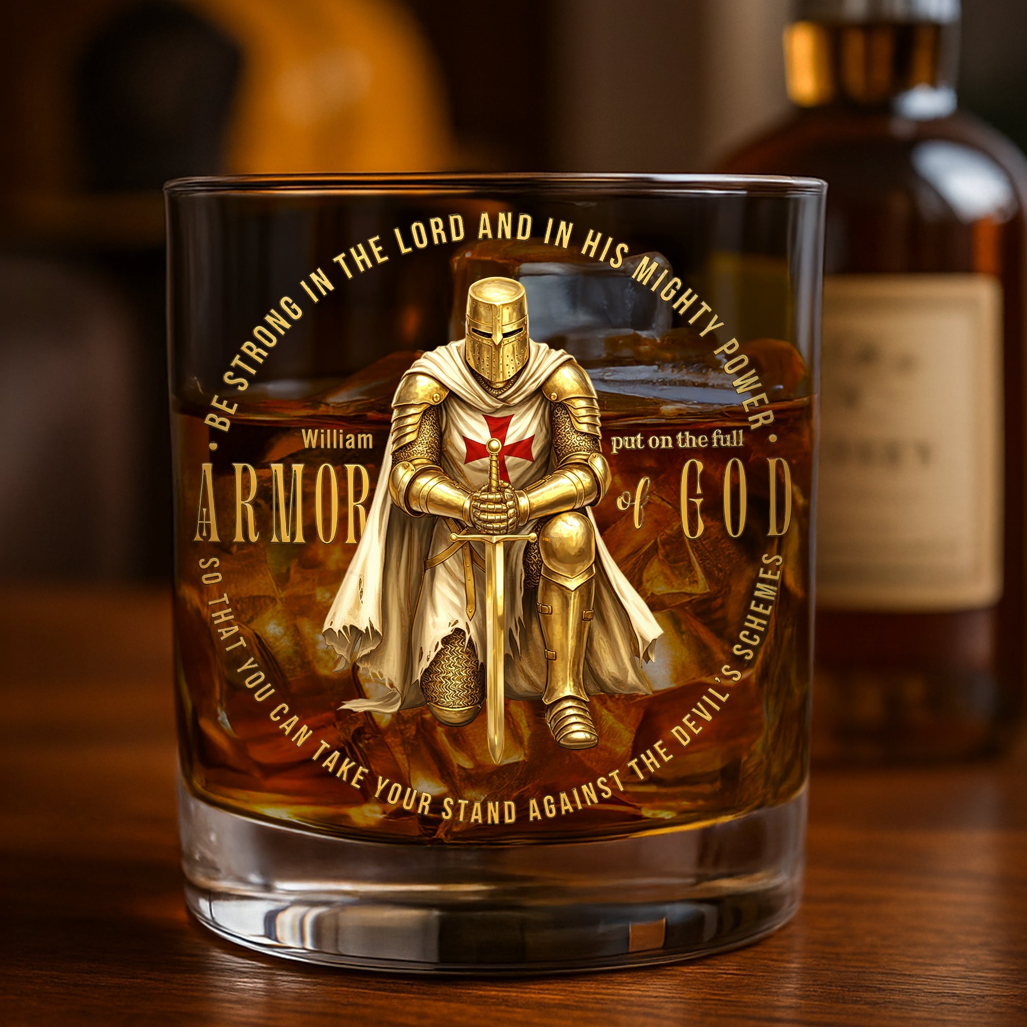 Be Strong in the Lord - Kneeling Knight Armor of God Round Glass - Personalized Gift for Christians Glass PopCulturePrints