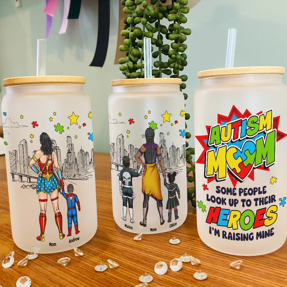 Some People Look Up to Their Heroes - Personalized Autism Mom Glass Can Glass Can PopCulturePrints