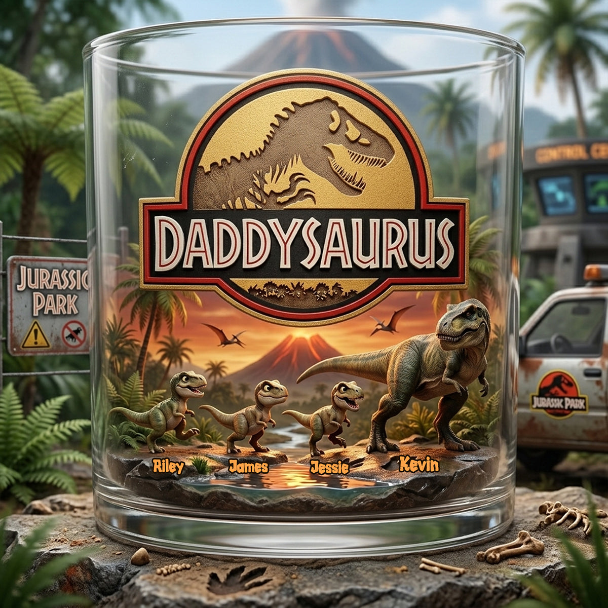 “Adventure Awaits! Daddysaurus Glass Mug - Personalized Gift for Dads and Grandpas” Glass PopCulturePrints