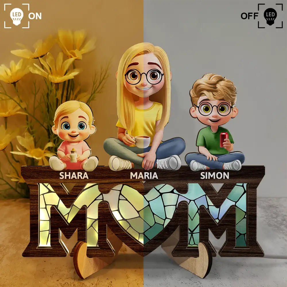 We Love You Mom 3D Cartoon - Personalized LED Light Wooden Plaque LED Light Wooden Plaque PopCulturePrints
