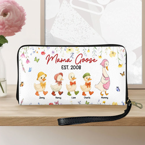 “Celebrate Family Love with Mama Goose” - Personalized Twill Faux Leather Wallet, Gift for Mom, Grandma, and Family Leather Wallet PopCulturePrints